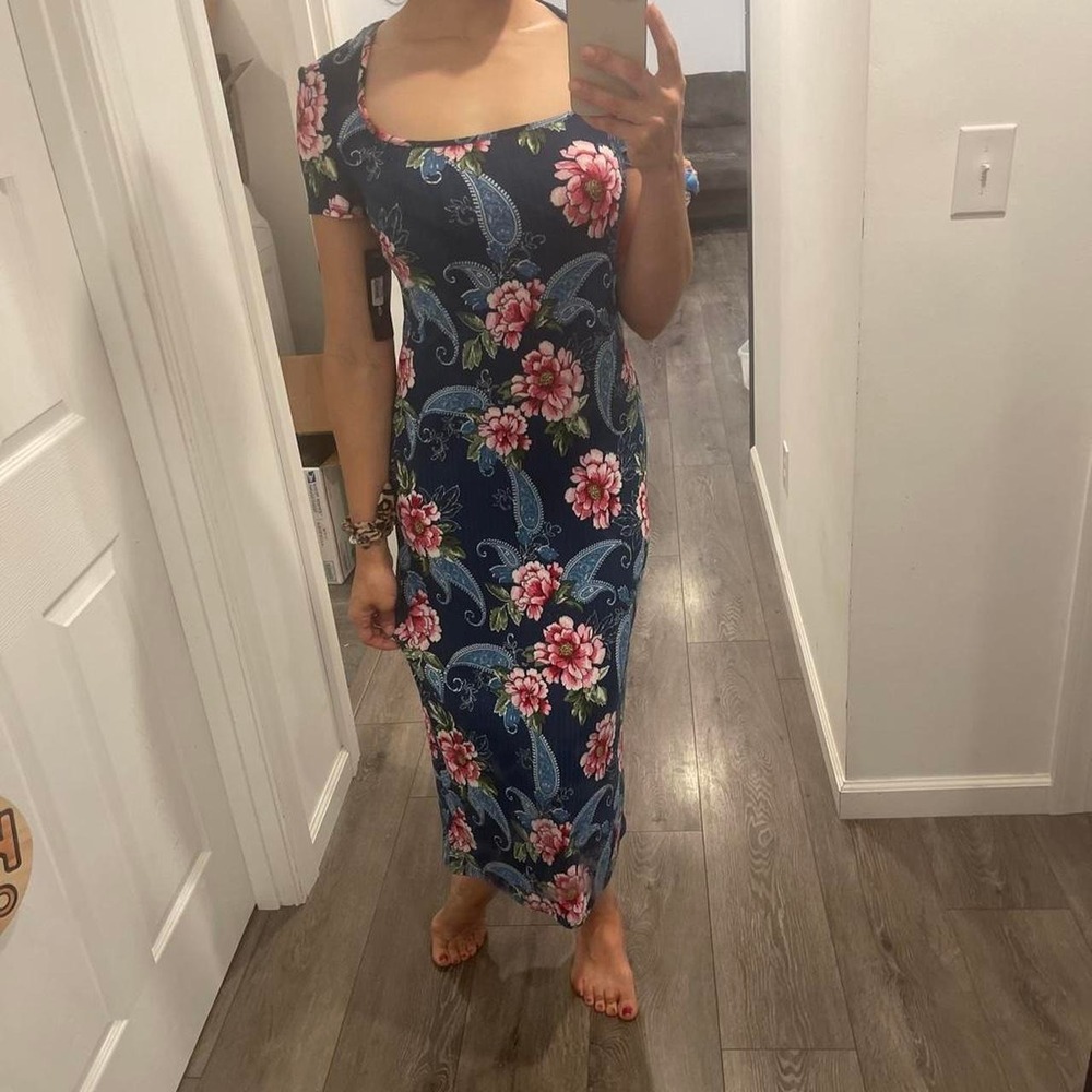 Bebe Navy Blue Floral Paisley Ribbed Maxi Dress Square Neck Bodycon NWT